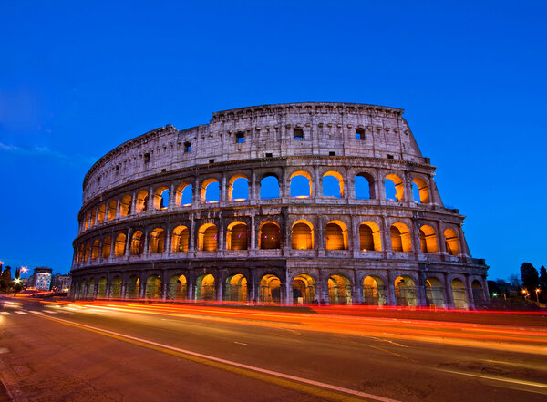 Colosseum at dusk from in front of Metro, Rome Italy