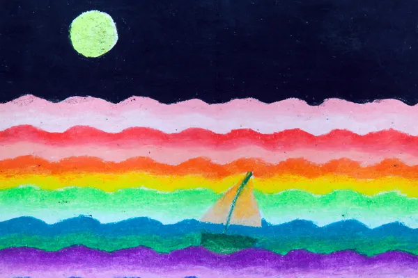 Segel im Meer und Mond freie Hand Zeichnung — Stockfoto