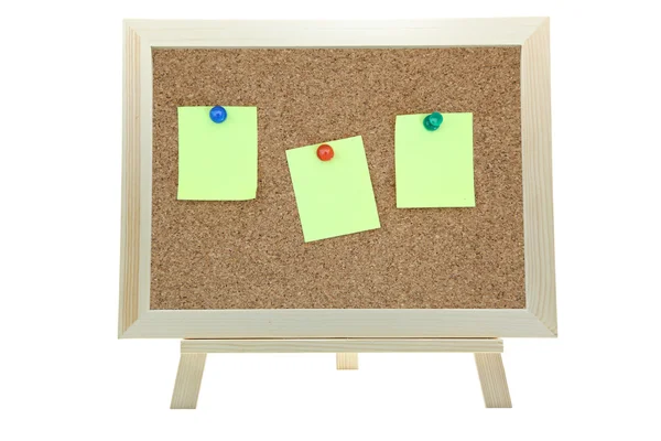 Three yellow memo sticker on notice cork board — Stock Photo, Image