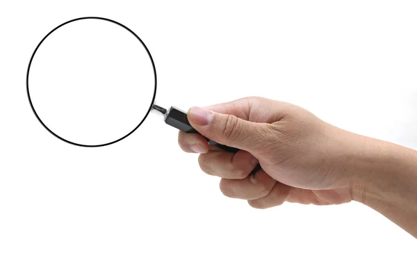 Man hand holding hand lens or magnifying glass isolated on white — Stock Photo, Image