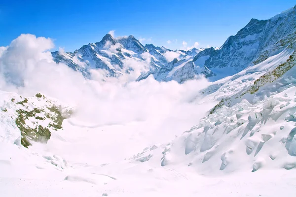 Krajobraz mgła na jungfraujoch, część Alp Alp szwajcarskich i — Zdjęcie stockowe