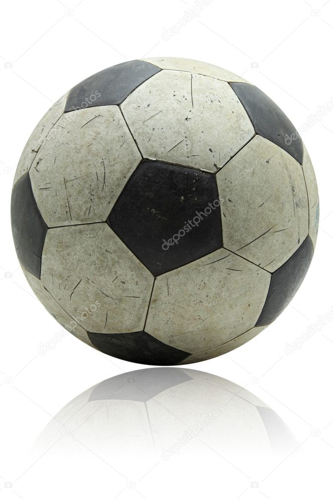 Grunge soccer football with its reflection on white