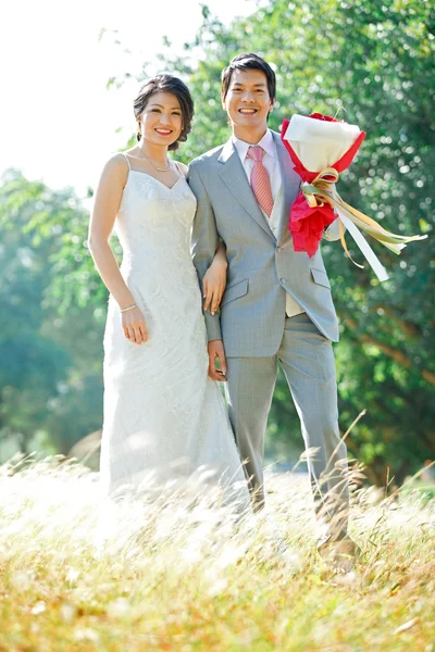 Retrato de la novia y el novio en los prados de otoño — Foto de Stock