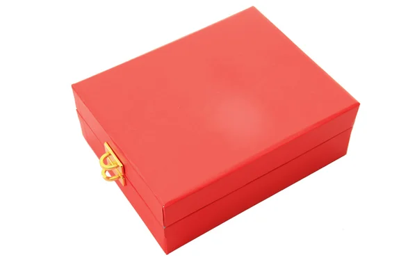 Perspectief van rode doos met sleutelvergrendeling houder geïsoleerd op wit — Stockfoto