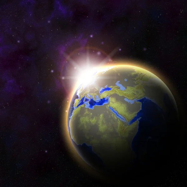 Aarde met stijgende zon illustratie — Stockfoto