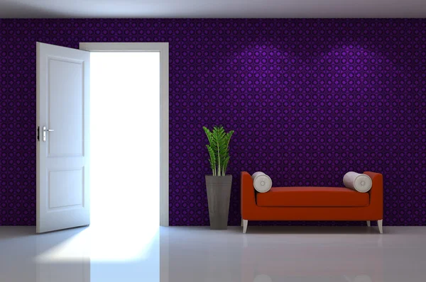 3D-Interieur-Szene einer roten Couch auf weißer klassischer Wand — Stockfoto