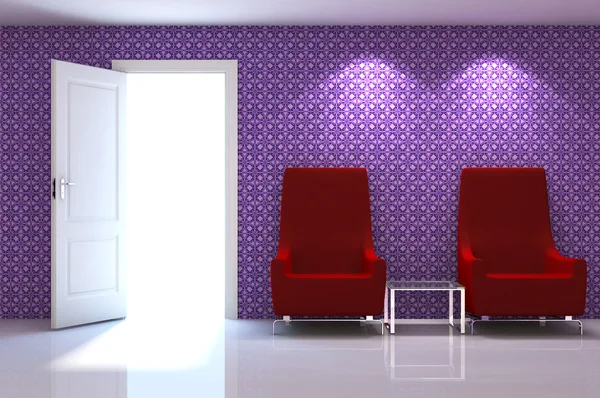3d scena interna di un divano rosso su parete classica bianca — Foto Stock