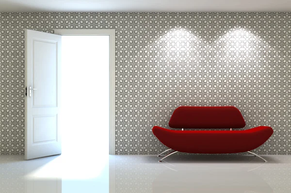 3D σκηνή εσωτερικό του ένα κόκκινο καναπέ σε λευκό τοίχο κλασικό — Φωτογραφία Αρχείου