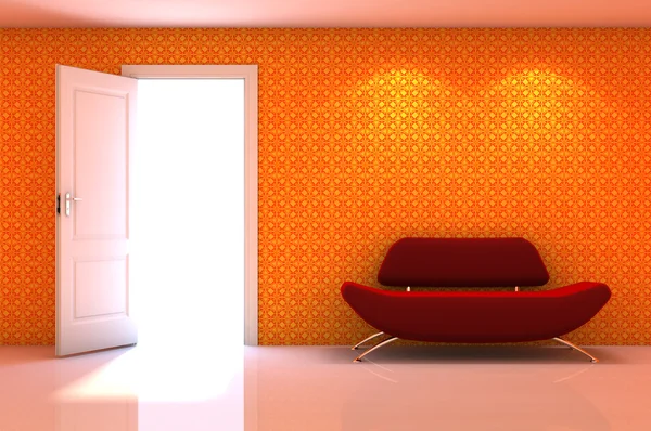 3D-interieur scène een rode luie stoel op klassieke witte muur — Stockfoto