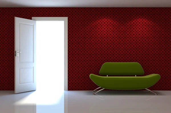 Трехмерная интерьерная сцена красного дивана на белой классической стене — стоковое фото