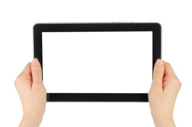 Woman hands holding touch screen device clipart