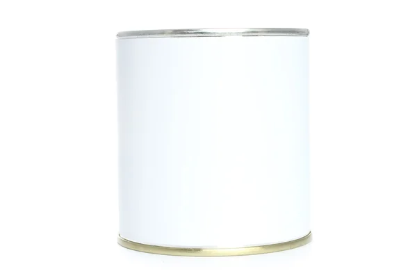 Food tin with white label — Stock Photo, Image