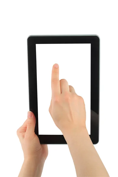 Vrouw hand met touchscreen toestel — Stockfoto