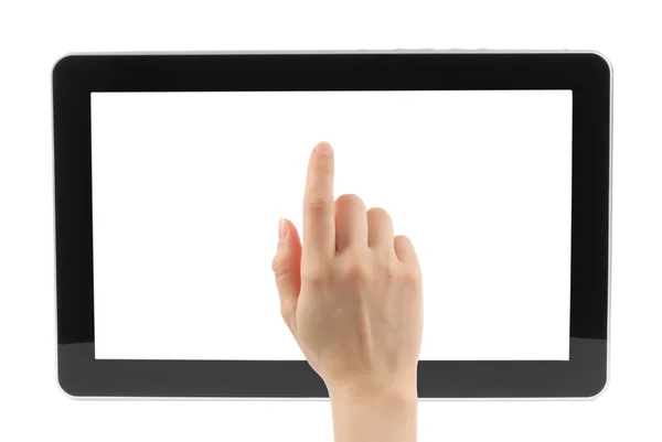 Mujer mano con dispositivo de pantalla táctil — Foto de Stock