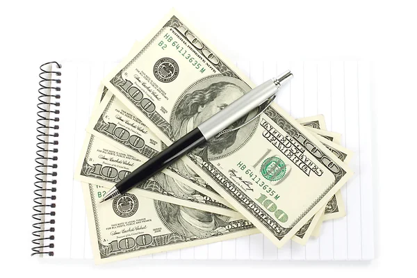 Geld und Stift mit Notizblock — Stockfoto