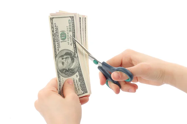 Woman hands cutting money — Stock Photo, Image