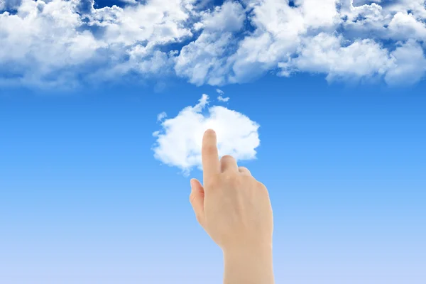 Conceito de computação em nuvem com mão de mulher — Fotografia de Stock