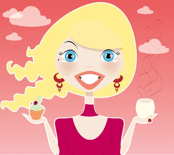 Όμορφη ξανθιά γυναίκα με φλιτζάνι ποτό και cupcake — Διανυσματικό Αρχείο