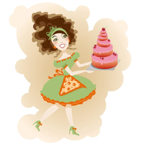 Young smiling woman with cherry cake — Stock Vector