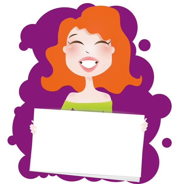Szép redhead mosolygó nő üres banner — Stock Vector