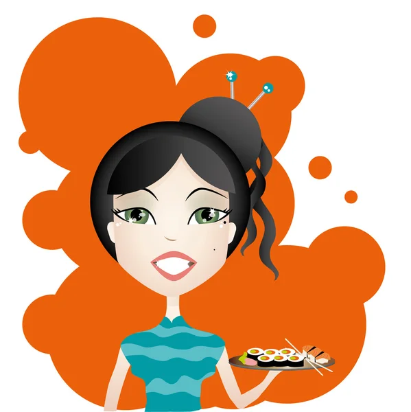 Hezká brunetka žena s japonským jídlem — ストックベクタ
