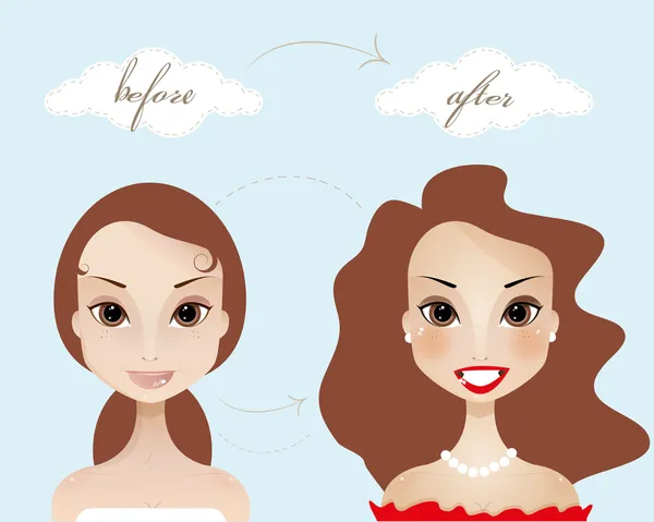 Макияж красивой брюнетки женщины до и после — стоковый вектор
