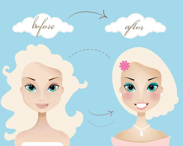 Makyaj öncesi ve sonrası güzel sarışın kadın — Stok Vektör