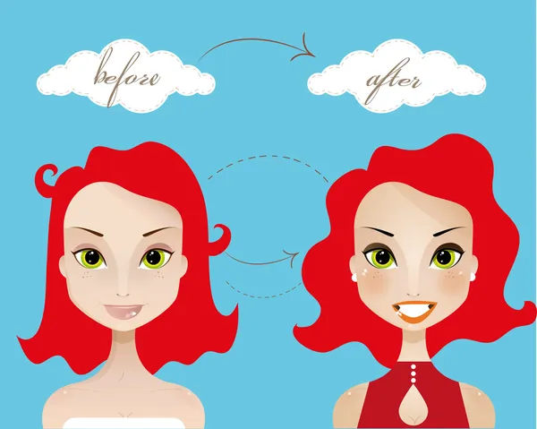 Μακιγιάζ της γυναίκα όμορφη κοκκινομάλλα πριν και μετά — Διανυσματικό Αρχείο