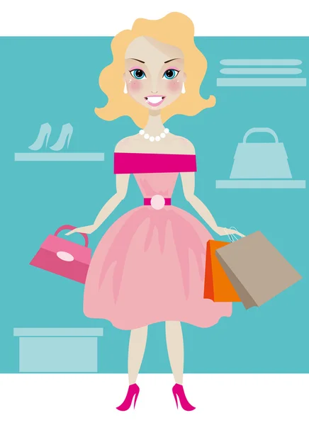 Niedliche junge blonde Frau Mode-Shopping in der Boutique — Stockvektor