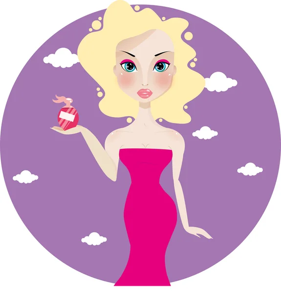 Pretty young blonde woman with bottle of perfume — Stock Vector
