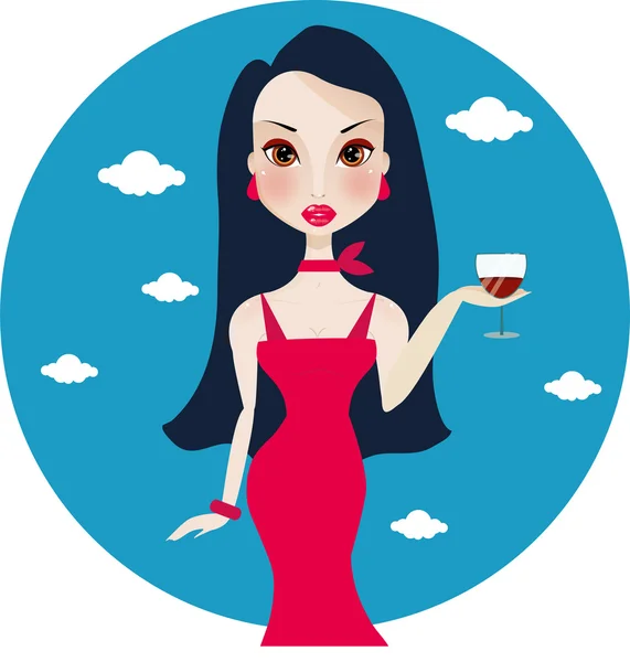 Kırmızı şarap kadehinin oldukça genç esmer kızla — Stok Vektör