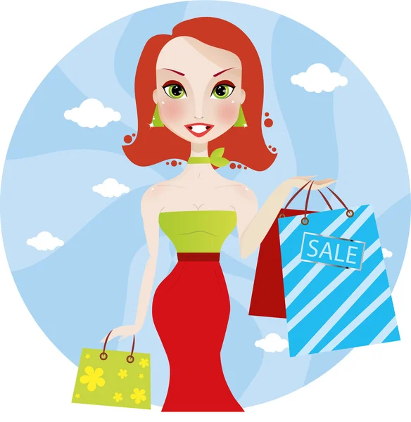 Satılık alışveriş torbaları ile sevimli gülümseyen Kızıl saçlı kadın — Stok Vektör