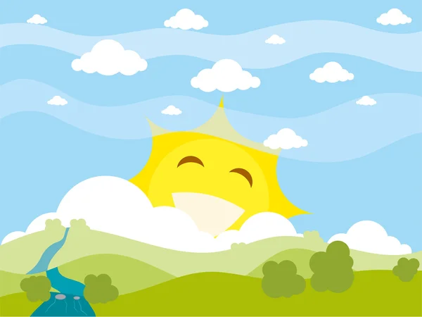 Dibujos animados paisaje de verano con lindo sol sonriente — Vector de stock
