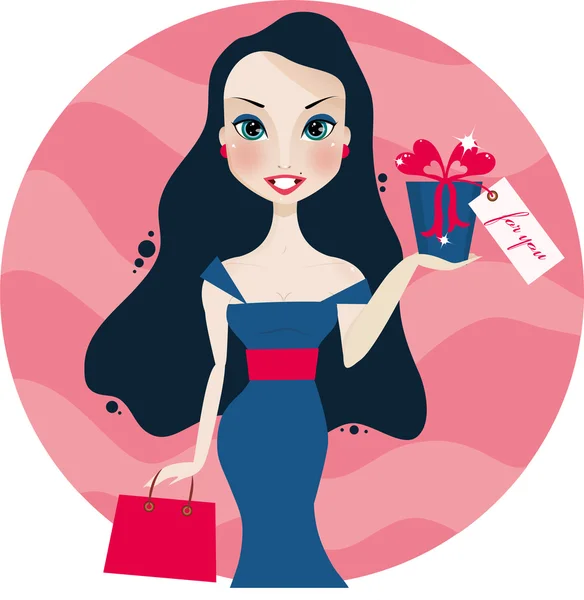 Pretty smiling woman with gift box — Stock Vector