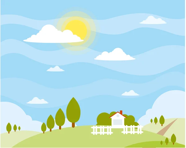 Bonito desenho animado paisagem de verão com colinas verdes e casa branca — Vetor de Stock