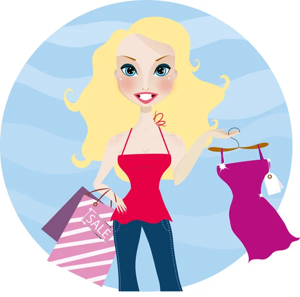 Ganska leende blond kvinna med shoppingväska och ny klänning — Stock vektor