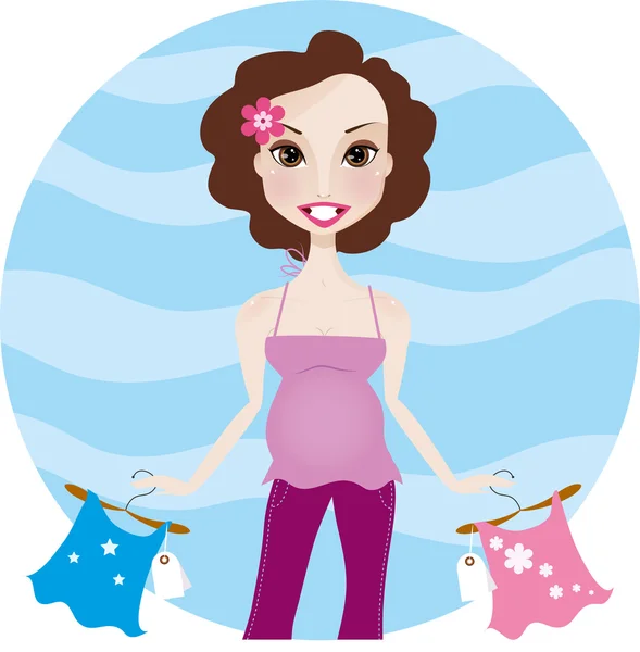 Pretty smiling pregnant woman with baby clothes — Stock Vector