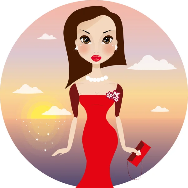 Vrij elegante brunette vrouw in rode mode jurk — Stockvector