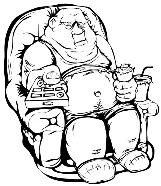 Hombre gordo con un control remoto — Vector de stock