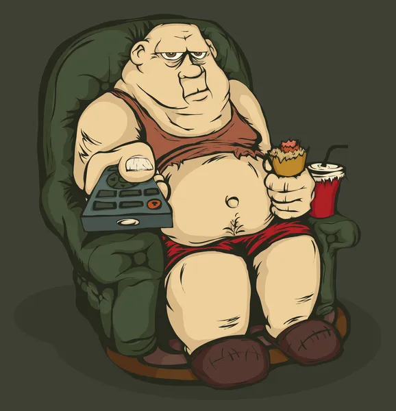 Hombre gordo con un control remoto — Vector de stock