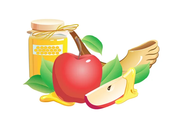 Rosh hashana 传统的静物。苹果、 蜂蜜和羊角号 — 图库矢量图片