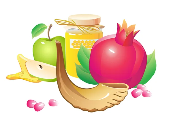 蜂蜜、 苹果、 石榴和角 — 图库矢量图片