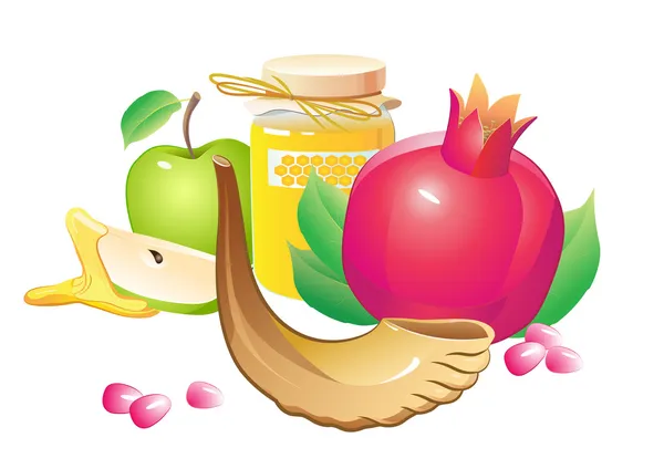 Honing, apple, granaatappel en hoorn — Stockvector