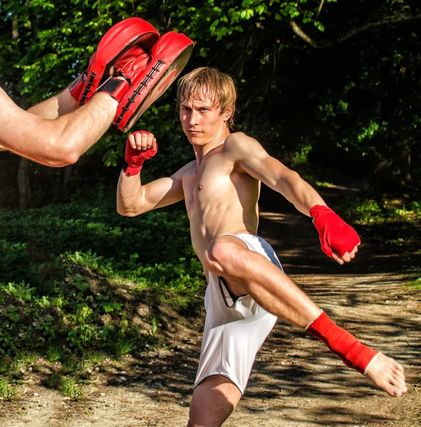 Zwei Männer trainieren Muay Thai im Wald — Stockfoto