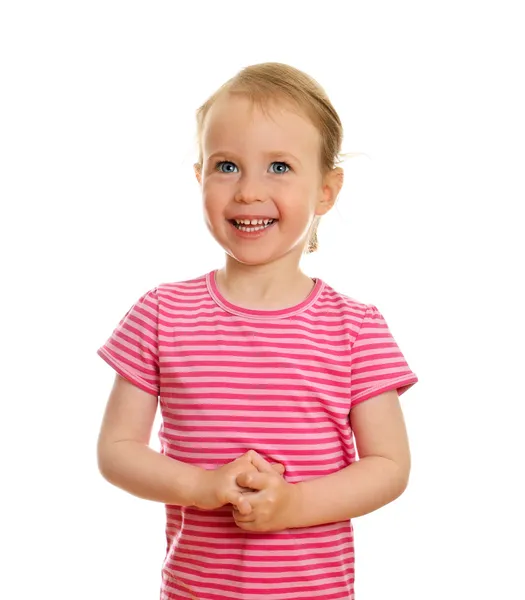 少しの少女の肖像画の白い背景で隔離の笑みを浮かべてください。 — ストック写真