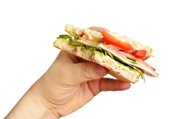 Man's hand holding bitten sandwich isolated on white — Stock Photo, Image