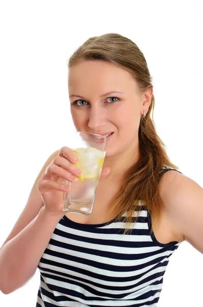 Attractive woman with glass of water, isolated on white — Stock Photo, Image