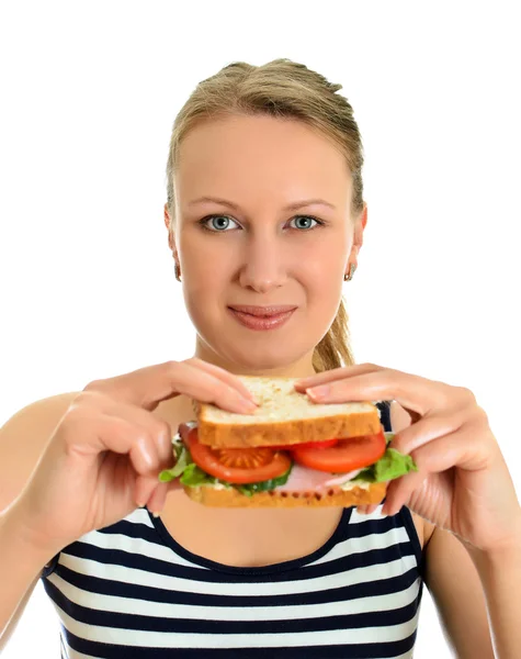Atraktivní žena s sendvič, izolované na bílém — Stock fotografie