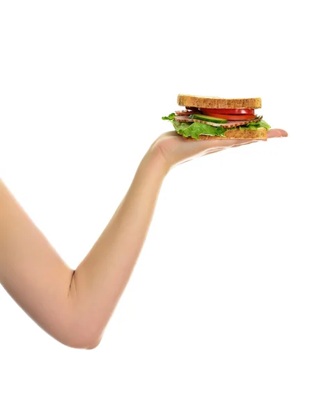 Woman's hand holding a sandwich, isolated on white — Stock Photo, Image