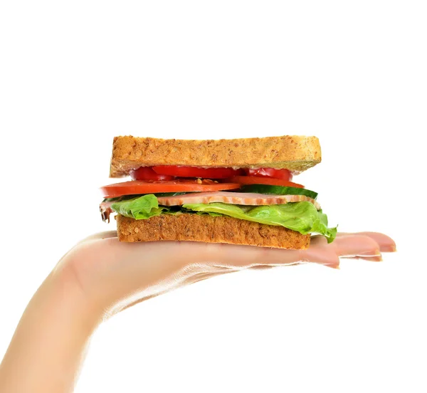Woman's hand holding a sandwich, isolated on white — Stock Photo, Image